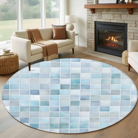 Round Area Rugs Collection 6 Ft  Blue Grey Checkered Non-Slip Residential Carpet  Farmhouse Plaid Buffalo Elegant Geometric Indoor Crawling Mats Runne