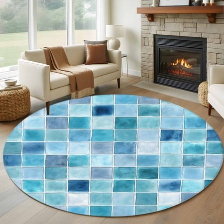 Round Area Rugs Collection 6 Ft  Teal Blue Checkered Non-Slip Residential Carpet  Farmhouse Plaid Buffalo Elegant Geometric Indoor Crawling Mats Runne