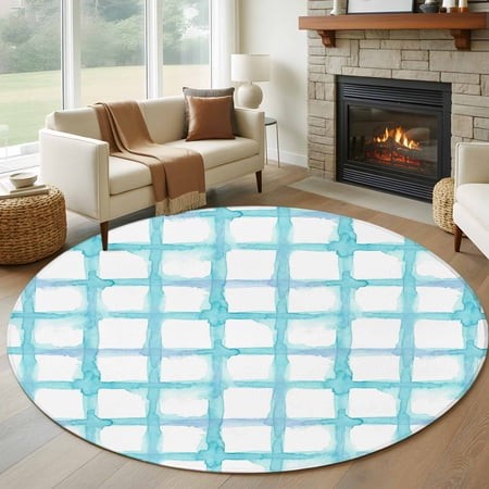 Round Area Rugs Collection 6 Ft  Blue Plaid Non-Slip Residential Carpet  Farmhouse Buffalo Check Stripes Modern Geometric Indoor Crawling Mats Runner 