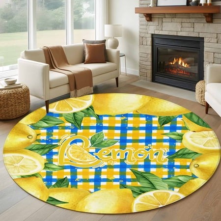 Round Area Rugs Collection 6 Ft  Yellow Lemon Non-Slip Residential Carpet  Summer Botanical Blue Yellow Buffalo Plaid Indoor Crawling Mats Runner Rugs