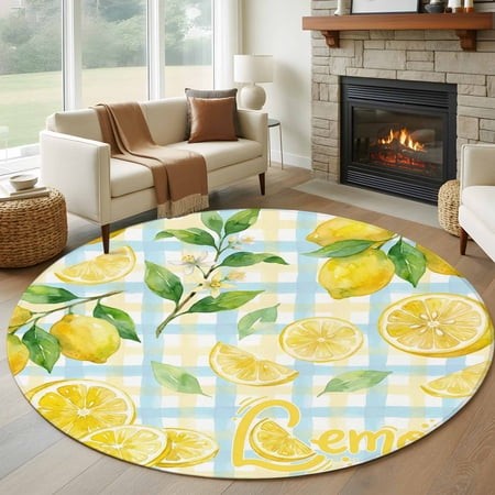 Round Area Rugs Collection 6 Ft  Watercolor Lemons Non-Slip Residential Carpet  Summer Blue Yellow Buffalo Plaid Indoor Crawling Mats Runner Rugs for 