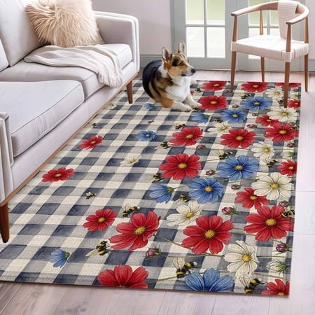 Rectangle Area Rugs 4 X 6 Ft  Red Blue Floral Non-Slip Residential Carpet  Independence Day Flowers Black Buffalo Plaid Indoor Crawling Mats Runner Ru