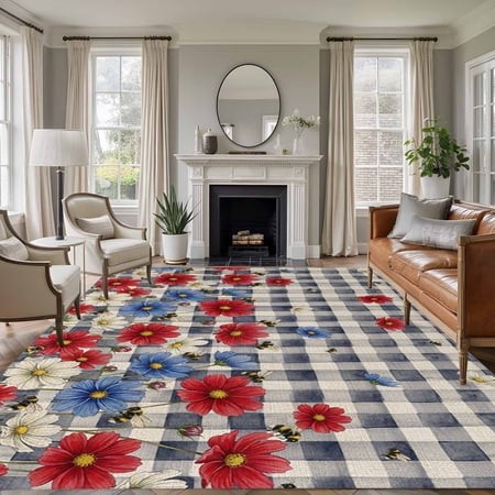 Rectangle Area Rugs 6 X 9 Ft  Red Blue Floral Non-Slip Residential Carpet  Independence Day Flowers Black Buffalo Plaid Indoor Crawling Mats Runner Ru