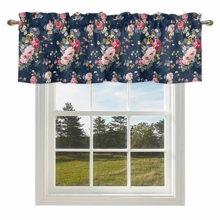 Pink Rose Valances for Windows  54x18in  Watercolor Yellow Blue Flower Spring Plant Blue Rod Pocket Kitchen Valance Curtain Light Filtering Window Tre