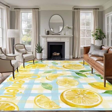Rectangle Area Rugs 6 X 9 Ft  Watercolor Lemons Non-Slip Residential Carpet  Summer Blue Yellow Buffalo Plaid Indoor Crawling Mats Runner Rugs for Liv