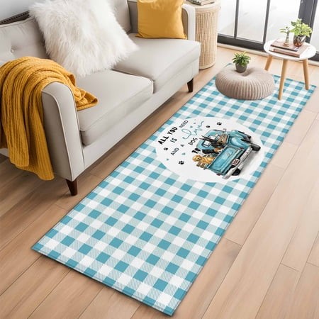 Kitchen Runner 2 X 6 Ft  Truck Dogs Non-Slip Residential Carpet  Funny Car Animals Blue White Buffalo Plaid Indoor Crawling Mats Runner Rugs for Livin
