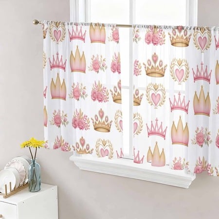 Pink Flower Sheer Curtains for Living Room Bedroom  Love Princess Crown Rose Abstract Floral Light Filtering Sheer Curtain Rod Pocket Voile Window Tre