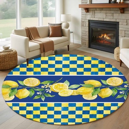 Round Area Rugs Collection 6 Ft  Watercolor Lemon Non-Slip Residential Carpet  Navy Blue Yellow Buffalo Plaid Summer Indoor Crawling Mats Runner Rugs 