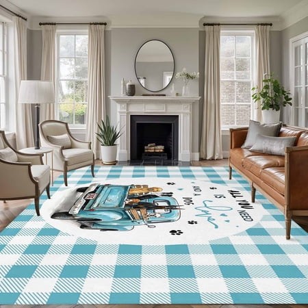 Rectangle Area Rugs 6 X 9 Ft  Truck Dogs Non-Slip Residential Carpet  Funny Car Animals Blue White Buffalo Plaid Indoor Crawling Mats Runner Rugs for 