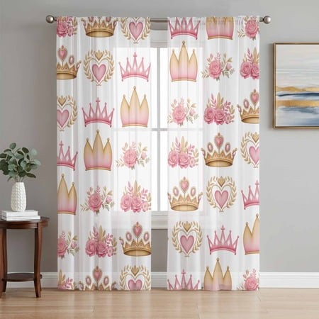 Pink Flower Sheer Curtains for Living Room Bedroom  Love Princess Crown Rose Abstract Floral Light Filtering Sheer Curtain Rod Pocket Voile Window Tre