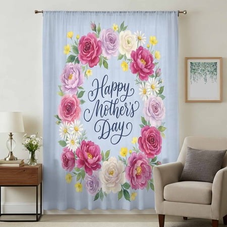 Mother S Day Sheer Curtains 54  Long for Bedroom  Pink Roses Daisy Flowers Botanical Spring Blue Light Filtering Privacy Drapes  Semi Sheer Window Tre