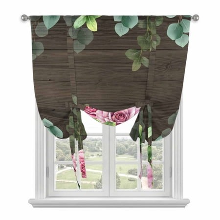 Roses Eucalyptus Leaf Tie up Curtain for Window  Spring Watercolor Floral Walnut Wood Adjustable Tie up Balloon Curtain Valances Rod Pocket Window Tre
