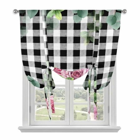 Roses Eucalyptus Leaf Tie up Curtain for Window  Spring Watercolor Floral Black Plaid Adjustable Tie up Balloon Curtain Valances Rod Pocket Window Tre
