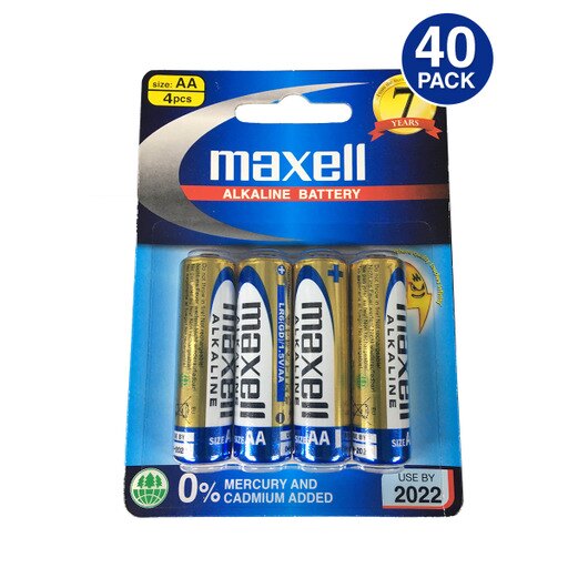 Maxell AA LR6(GD) 1.5V Alkaline Battery 0% Mercury and Cadmium (40 Batteries)