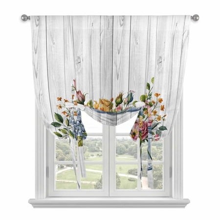 Autumn Flowers Tie up Curtain for Window  Watercolor Pink Rose Leaf Bottle Wood Grain Adjustable Tie up Balloon Curtain Valances Rod Pocket Window Tre