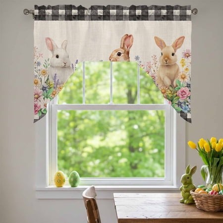 Spring Rabbits Swag Valances for Kitchen Window  Pink Rose Purple Flowers Daisy Vintage Linen Small Swag Valances Rod Pocket Curtain Drapes Window Tre