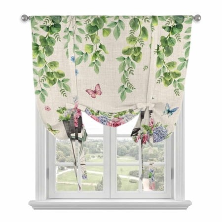Spring Bicycles Tie up Curtain for Window  Roses Flower Eucalyptus Leaves Retro Linen Adjustable Tie up Balloon Curtain Valances Rod Pocket Window Tre
