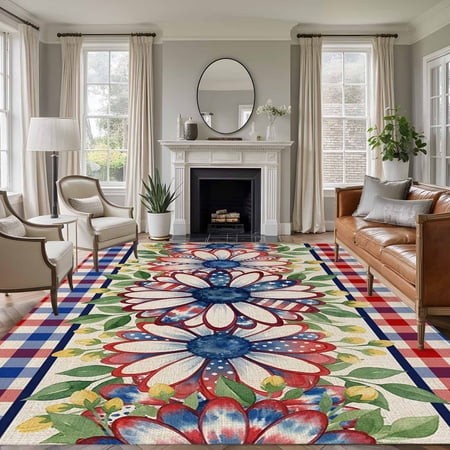 Rectangle Area Rugs 6 X 9 Ft  4th of July Daisy Non-Slip Residential Carpet  Vintage Floral Blue Red Buffalo Plaid Indoor Crawling Mats Runner Rugs fo