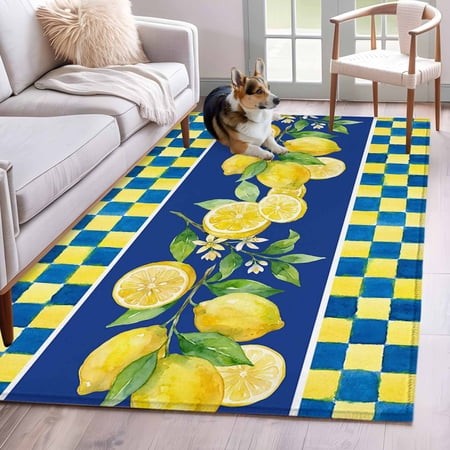 Rectangle Area Rugs 4 X 6 Ft  Watercolor Lemon Non-Slip Residential Carpet  Navy Blue Yellow Buffalo Plaid Summer Indoor Crawling Mats Runner Rugs for