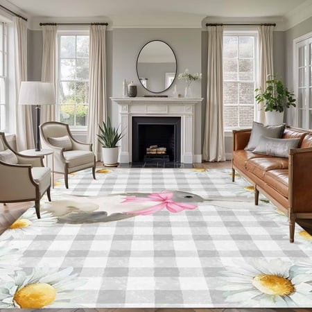Rectangle Area Rugs 6 X 9 Ft  Blue Easter Bunny Non-Slip Residential Carpet  Spring Daisy Modern Gray Buffalo Plaid Indoor Crawling Mats Runner Rugs f