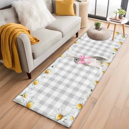 Kitchen Runner 2 X 6 Ft  Blue Easter Bunny Non-Slip Residential Carpet  Spring Daisy Modern Gray Buffalo Plaid Indoor Crawling Mats Runner Rugs for Li