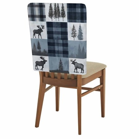 Modern Chair Back Covers Set of 6  Buffalo Plaid Blue Black Wildlife Deer Forest Vintage Removable Dining Seat Cover Washable Kitchen Chair Slipcovers