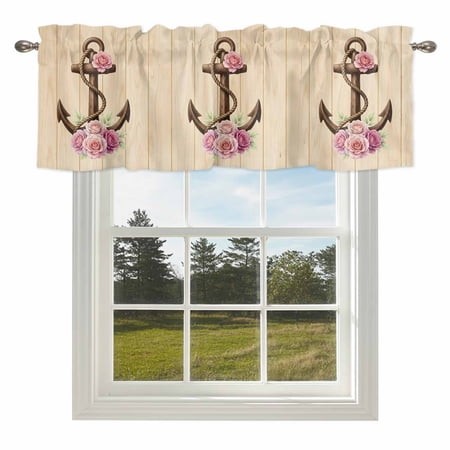 Nautical Anchor Valances for Windows  60x18in  Retro Pink Rose Flower Brown Wood Striped Rod Pocket Kitchen Valance Curtain Light Filtering Window Tre
