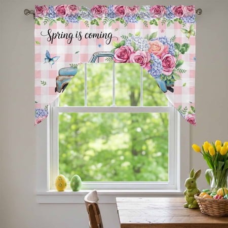 Spring Is Coming Swag Valances for Kitchen Window  Rose and Hydrangea Floral Truck Pink Plaid Small Swag Valances Rod Pocket Curtain Drapes Window Tre