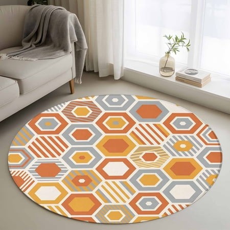 Round Area Rug 4ft Orange Gray Hexagon Floor Carpets Indoor Floor Area Mat Stain-Proof Mat Circle Rugs for Living Room Dining Room Kitchen Bedroom  Ab