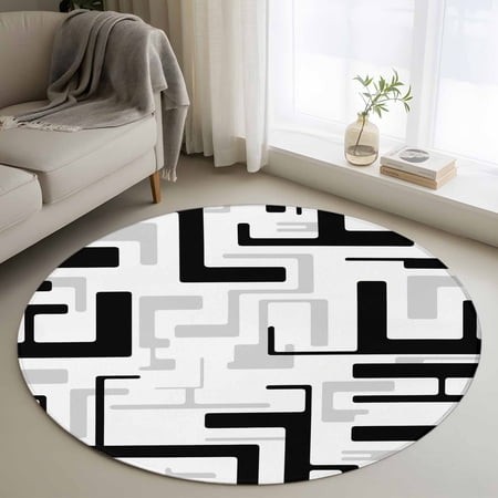 Round Area Rug 4ft Black Geometric Stripes Floor Carpets Indoor Floor Area Mat Stain-Proof Mat Circle Rugs for Living Room Dining Room Kitchen Bedroom