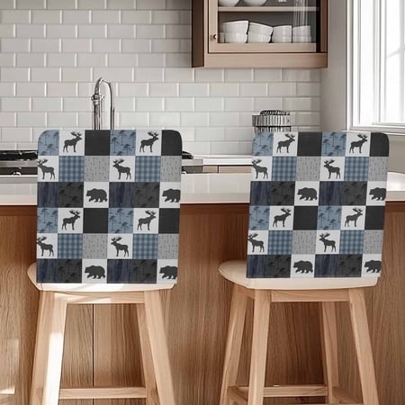 Blue Cabin Check Chair Back Cover for Dining Room Set of 6 Rustic Bear Elk Farmhouse Buffalo Plaid Removable Kitchen Chair Slipcovers Washable Seat Pr