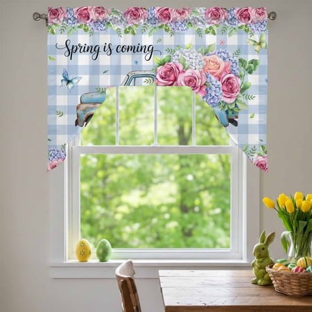 Spring Is Coming Swag Valances for Kitchen Window  Rose and Hydrangea Floral Truck Blue Plaid Small Swag Valances Rod Pocket Curtain Drapes Window Tre