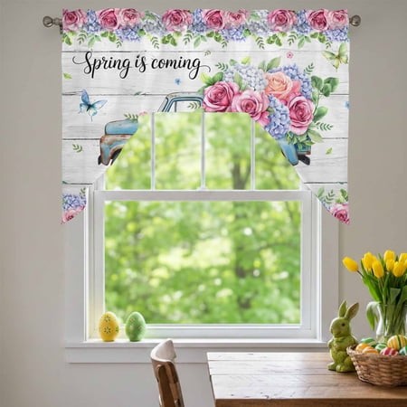 Spring Is Coming Swag Valances for Kitchen Window  Rose and Hydrangea Floral Truck Wood Grain Small Swag Valances Rod Pocket Curtain Drapes Window Tre