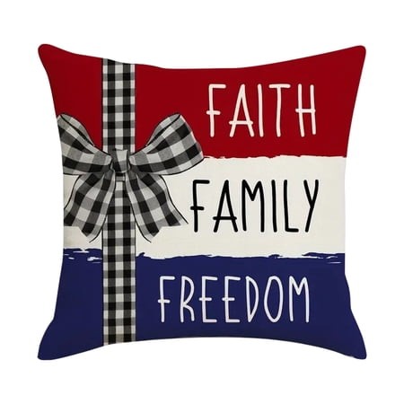 4Th of July Decorations for Home  Star Decorations  Linen Throw Pillow Covers  22 in Square  Patriotic Decor  Buffalo Check Bow  Red White Blue  1 Pc