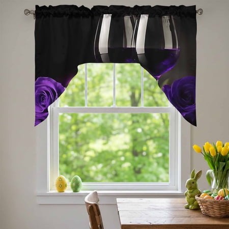 Wine Glasses Swag Valances for Kitchen Window  Purple Roses Romantic Candlelight Modern Black Small Swag Valances Rod Pocket Curtain Drapes Window Tre