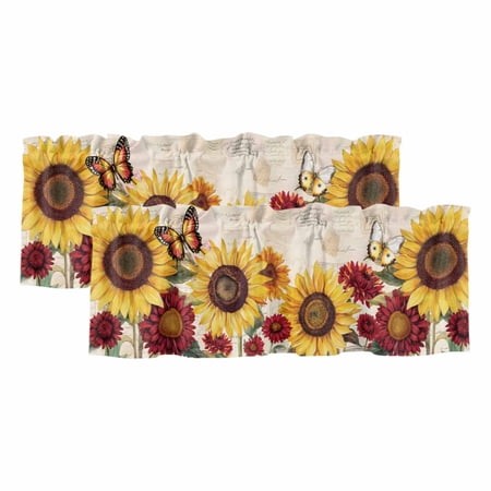 Sunflower Valances for Windows  Light Filtering Kitchen Curtain Valances 2 Panels  Farmhouse Rose Floral Vintage Butterfly Rod Pocket Short Window Tre