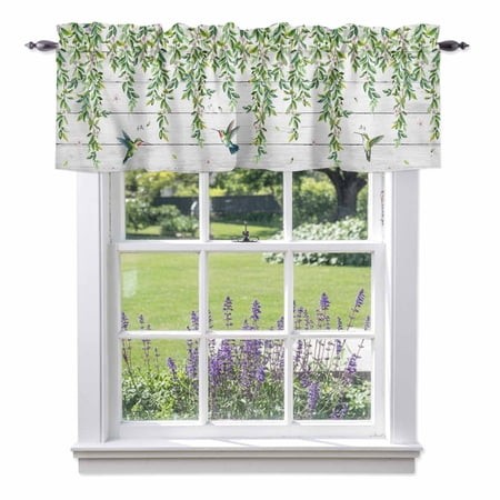 Spring Leaves Valance Curtain Watercolor Falling Green Leaf Floral Plant Birds Wood Grain Window Valances Rod Pocket Short Curtains Window Treatments 