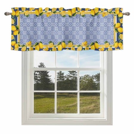 Yellow Lemon Valances for Windows  42x18in  Watercolor Fruit Farm Blue Flower Pattern Background Rod Pocket Kitchen Valance Curtain Light Filtering Wi