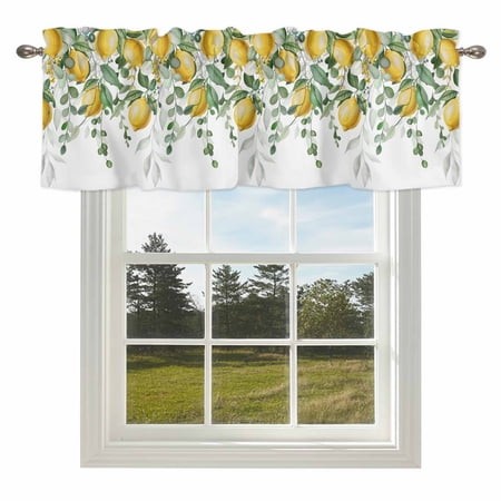 Summer Lemon Valances for Windows  42x12in  Country Pastoral Watercolor Yellow Fruit Green Leaf Rod Pocket Kitchen Valance Curtain Light Filtering Win