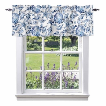 Coastal Seashell Valance Curtain Summer Nautical Blue Shell Starfish Hampton Style Window Valances Rod Pocket Short Curtains Window Treatments for Kit