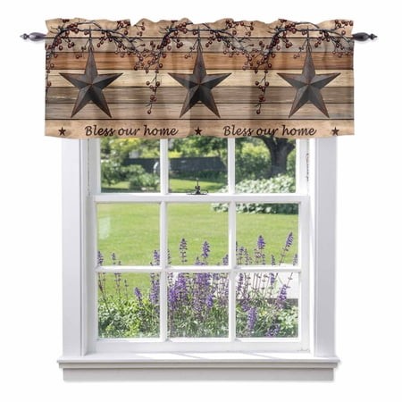 Country Stars Valance Curtain Vintage Rust Black Star Berry Brown Grey Wood Grain Window Valances Rod Pocket Short Curtains Window Treatments for Kitc