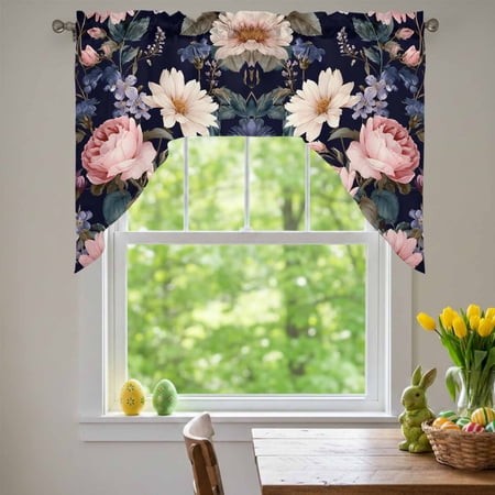 Retro Pink Rose Swag Valances for Kitchen Window  White Blue Daisy Purple Flower Spring Plant Small Swag Valances Rod Pocket Curtain Drapes Window Tre