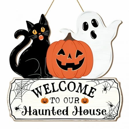 XIBUFE 2026 New Halloween Decorations Door Hanging Sign Halloween Welcome Front Door Hanger Wreath Yard Wall Decor Ghost Black Cat Pumpkin Wooden Door