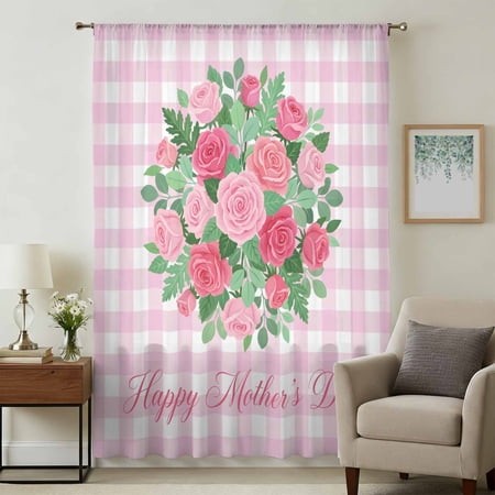 Mother S Day Sheer Curtains 54  Long for Bedroom  Spring Roses Flowers Blossom Leaves Pink Plaid Light Filtering Privacy Drapes  Semi Sheer Window Tre