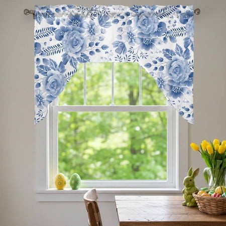 Blue Flowers Swag Valances for Kitchen Window  Watercolors Ombre Roses Plant Leaves Classical Small Swag Valances Rod Pocket Curtain Drapes Window Tre