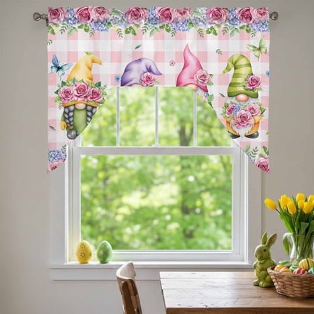 Spring Swag Valances for Kitchen Window  Purple Pink Green Rose Floral Leaf Gnomes Pink Plaid Small Swag Valances Rod Pocket Curtain Drapes Window Tre