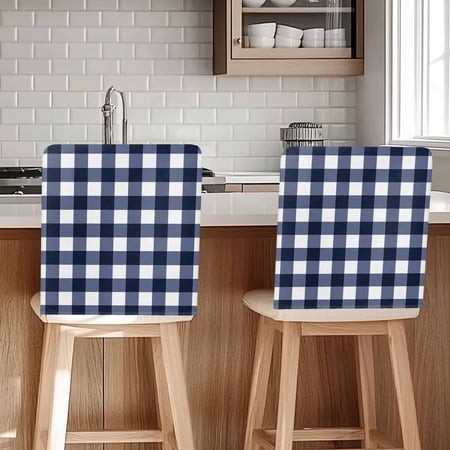 Navy Blue Check Chair Back Cover for Dining Room Set of 6  Farmhouse Buffalo Plaid Blue Removable Kitchen Chair Slipcovers  Washable Seat Protector fo