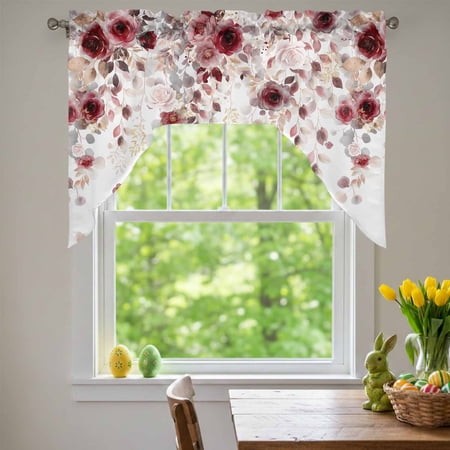 Spring Florals Swag Valances for Kitchen Window  Watercolor Floral Romantic Gradient Red Rose Small Swag Valances Rod Pocket Curtain Drapes Window Tre