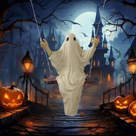 XIBUFE 2026 New Halloween White Ghost Hold Candle Statue Decor Swing Ghost Pendant Cute Ghost Sculpture Resin Spooky Candle Holder Ghost Figurines Dec