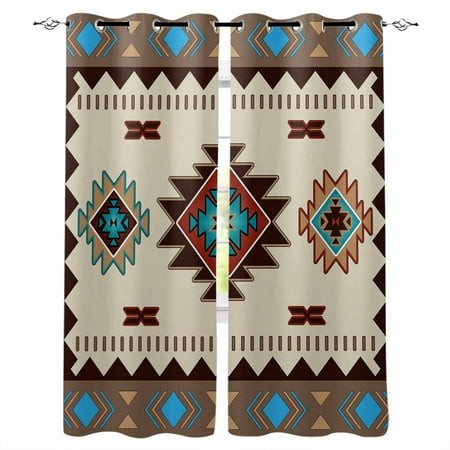 Boho Southwest Blackout Curtains 39 Inches Long Thermal Insualted Grommet Curtains & Drapes Farmhouse Aztec Tribe Brown Blue Plaid Room Darking Curtai